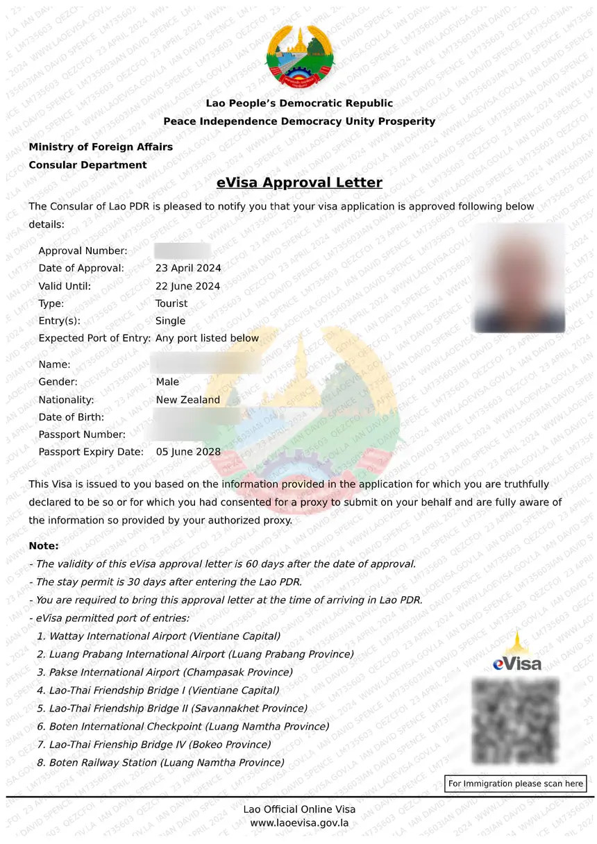 Sample Laos eVisa Approval Letter